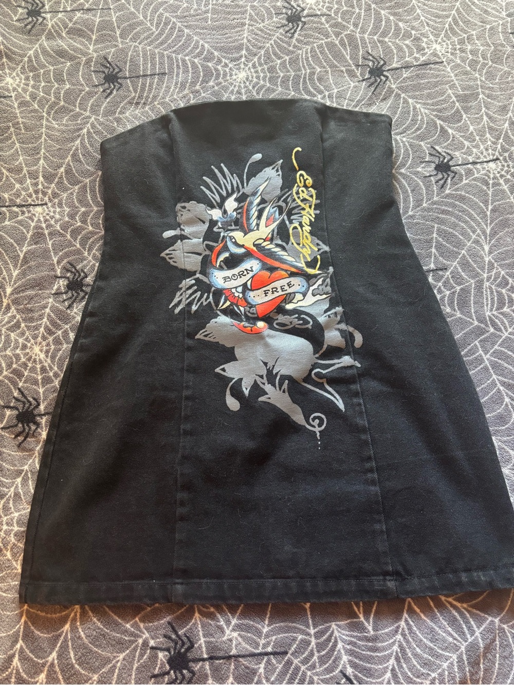 Ed Hardy Strapless “Born Free” Tattoo Mini Dress| Black | Large